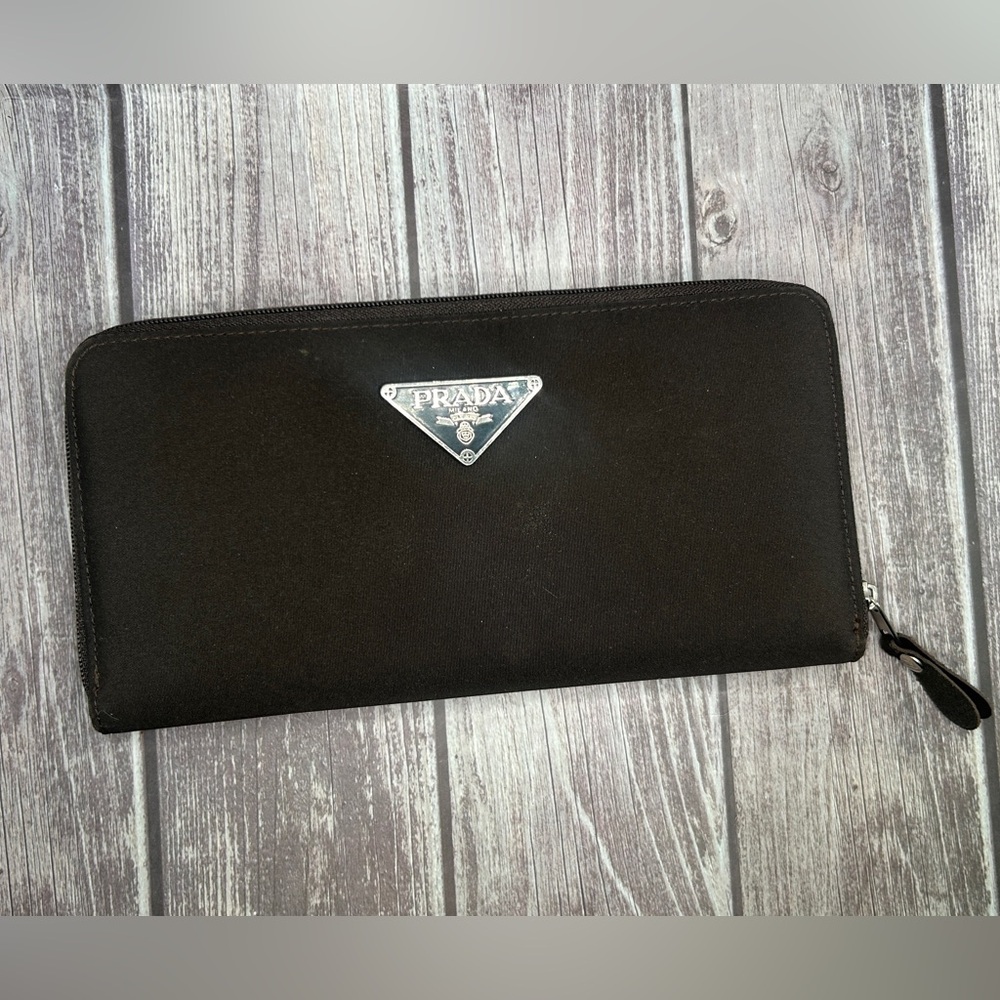 PRADA Tessuto Nylon & Saffiano Leather Zip Long Wallet Chocolate Brown - Picture 11 of 14